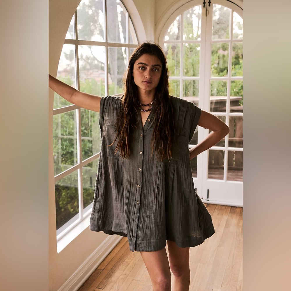 Free People Olive Green Oversized Button-Down Tunic